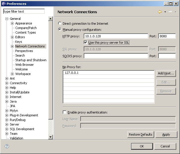 Eclipse Europa - Network Settings SSL Proxy
